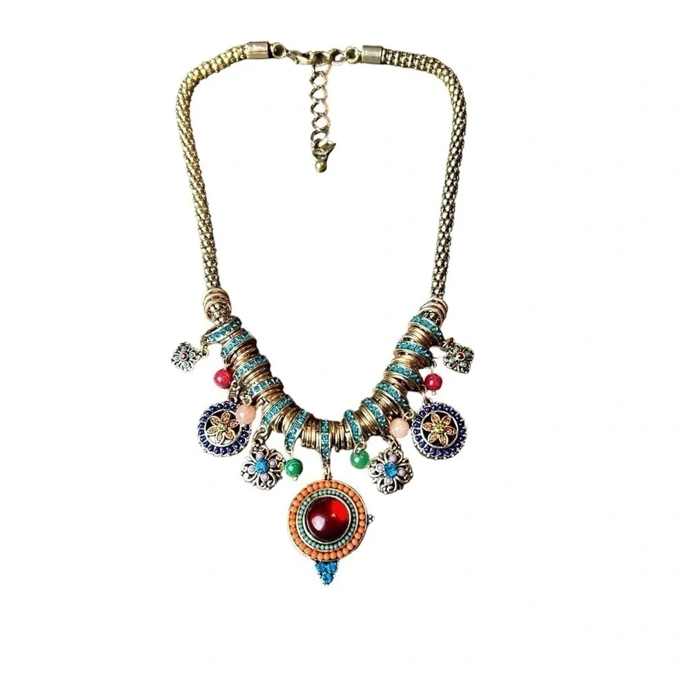Gold Tone Necklace W/ Jewel Tone Beaded & Rhinestone Charms and Medallions - Picture 16 of 16